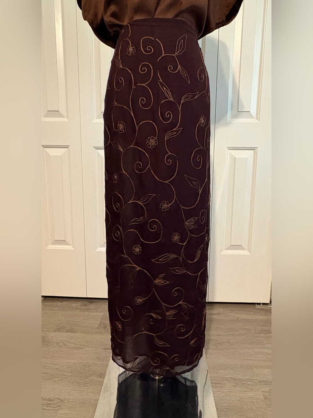 Vintage 90s Compagnie Internationale EXPRESS 100% Silk Espresso Brown Maxi Skirt